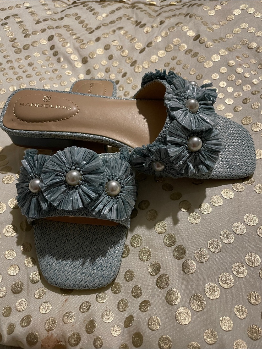Bandolino Dusty Blue Raffia Flower Slide Mules